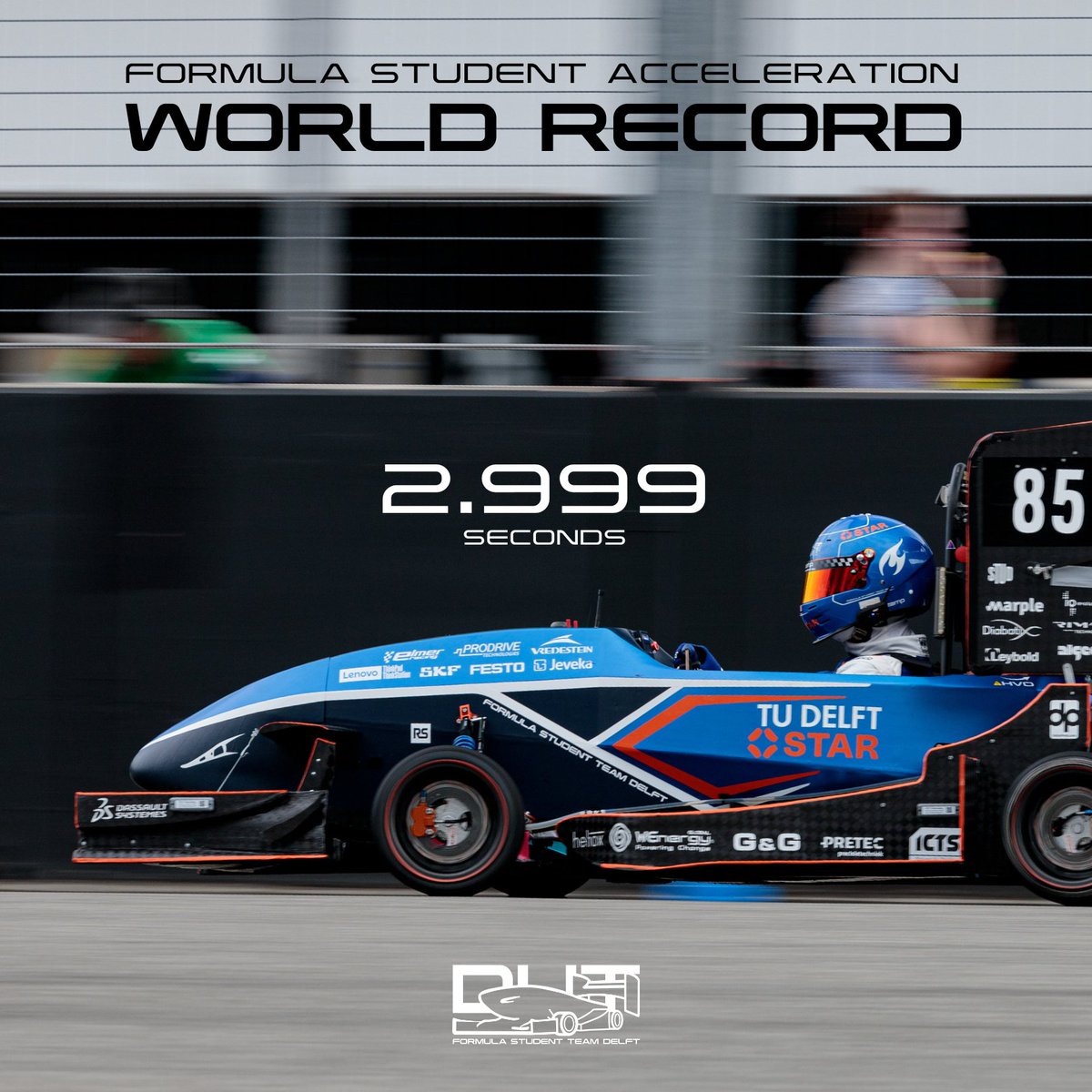 Formula Student Acceleration WORLD RECORD! 🚀 

With our time of 2.999 sec, we are the first team to break the 3 second barrier at a Formula Student competition. When crossing the finish line, the DUT23 was doing 122.45 km/h. 🏎️

See youtu.be/CE3-1Z7YtFY?si… for more info! 💙