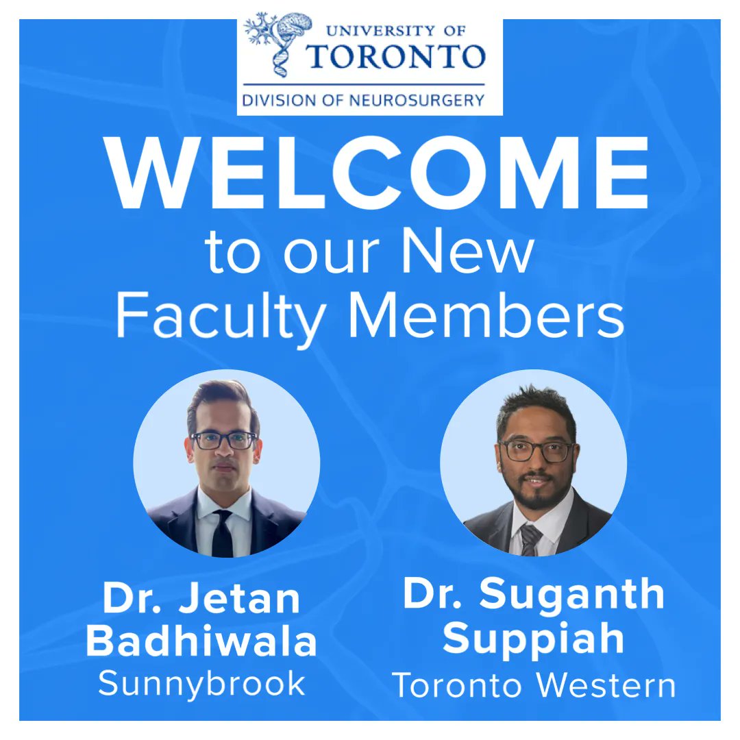 University of Toronto Neurosurgery (@uoftneurosurge) on Twitter photo We are very excited to welcome <a href="/jetanbadhiwala/">Jetan H. Badhiwala</a> and <a href="/SuganthSuppiah/">suganth suppiah</a> to our #faculty!
With their dedication to advancing #neurosurgical care, #research achievements, and commitment to patient well-being, we look forward to having them as part of our #neurosurgery family. We are very excited to welcome <a href="/jetanbadhiwala/">Jetan H. Badhiwala</a> and <a href="/SuganthSuppiah/">suganth suppiah</a> to our #faculty!
With their dedication to advancing #neurosurgical care, #research achievements, and commitment to patient well-being, we look forward to having them as part of our #neurosurgery family.