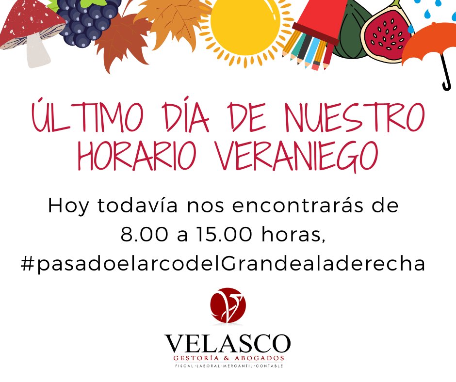 🗓¿Ya acaba tu semana?

La nuestra, también, y con ella ponemos fin al horario de verano 🌞.

¡Buen día y buen fin de semana!