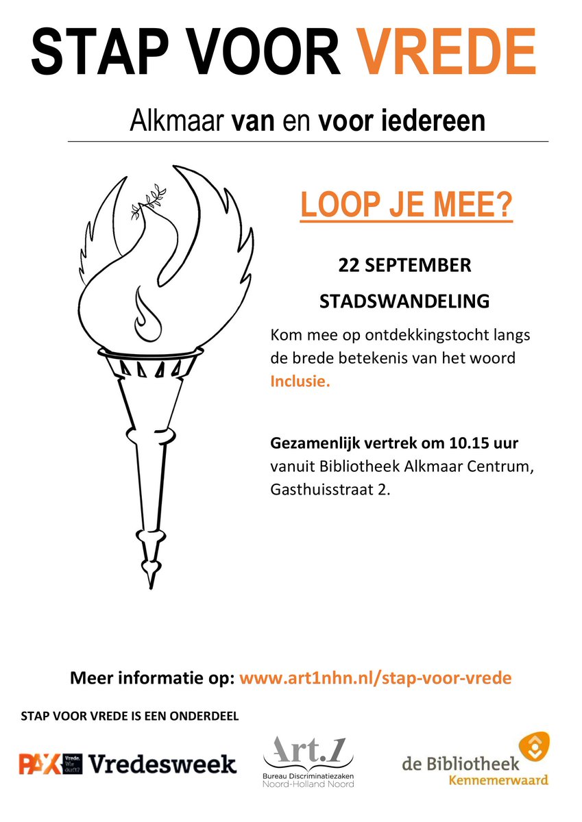 🕊️ Voor het derde jaar op rij zetten we weer een 'Stap voor Vrede'! Ontdek de organisaties die zich inzetten voor inclusie  in Alkmaar.    

Wanneer: Vrijdag 22/9/23
Tijd: 10:15 uur  
Vertrekpunt: Bieb Alkmaar Centrum    

Voor meer informatie zie: art1nhn.nl/stap-voor-vred…