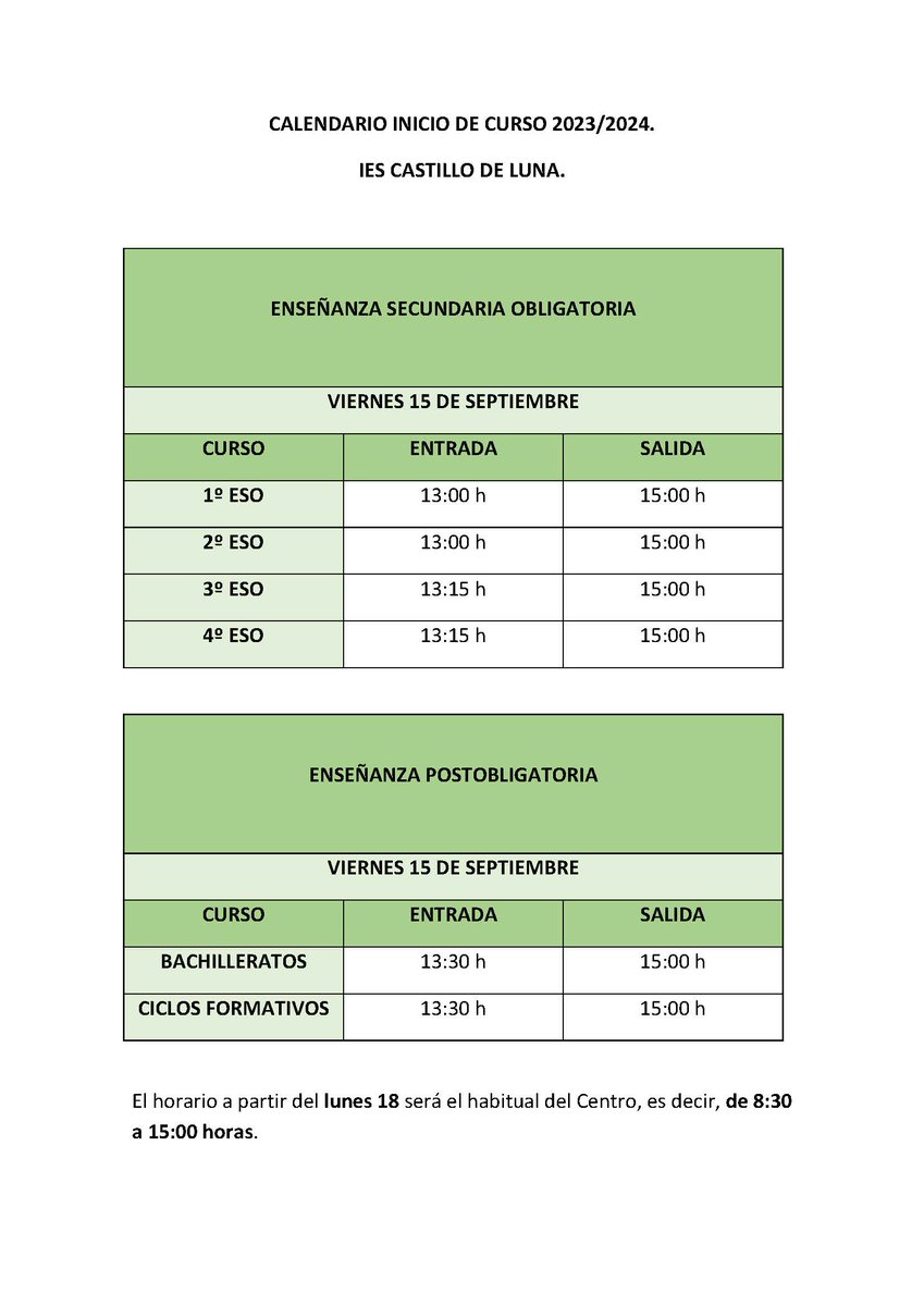 El próximo viernes 15 de septiembre dará lugar el comienzo del curso 23-24 en el IES Castillo de Luna. El horario de recepción del alumnado será el siguiente: