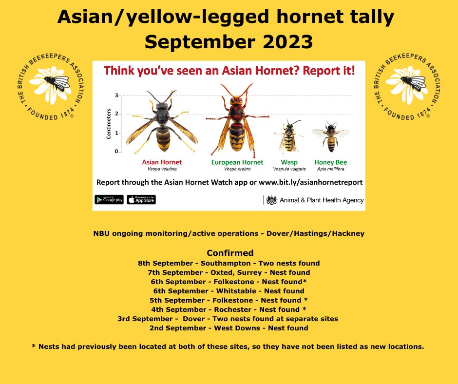 Updated Asian/yellow-legged hornet tally for September 12.9.23.
Please note the increased geographical distribution