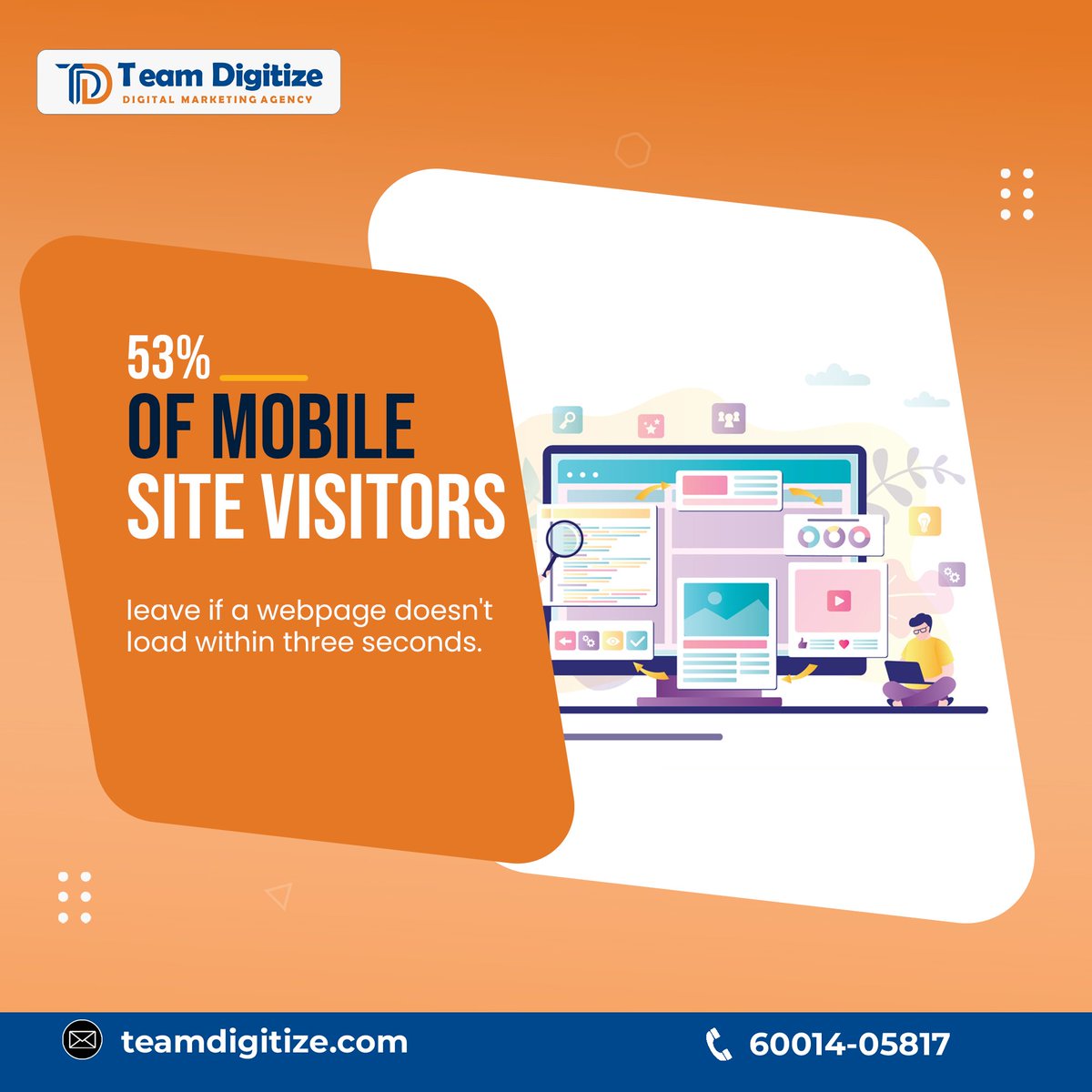 TDigitize's tweet image. Speed is Key 53% of users bounce if your mobile site takes more than 3 seconds to load 
#teamdigitize #onlinemarketingagency #marketing #advertisingagency #businessgrowth #websitespeed #website #businesswebsite #websiteloading #webpage #webpageloading #mobileusers #websitevisitor