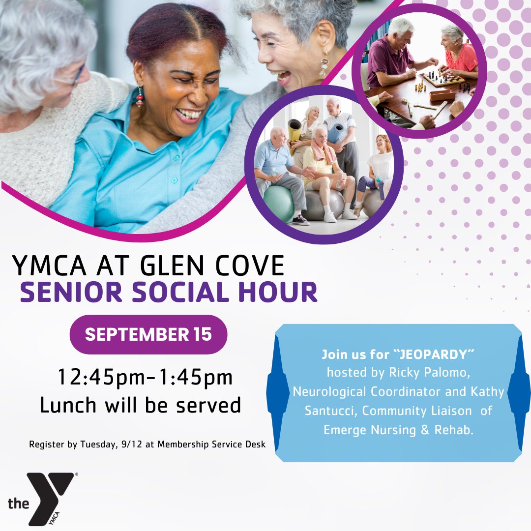 ymcali's tweet image. Join us at YMCA Glen Cove for a fun-filled Senior Social Hour on Friday, September 15th! Get ready to test your knowledge and have a blast with an exciting game of Jeopardy hosted by Rick and Kathy from Emerge Nursing and Rehab! Register at the membership desk!
#ymcali #seniorfun