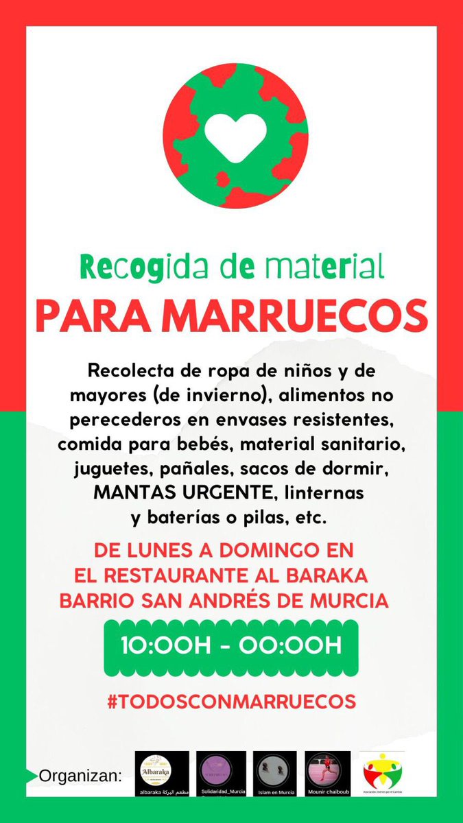 Islam en Murcia forma parte, junto a otras entidades y empresas privadas de Murcia regentadas por hispanomarroquíes, una iniciativa para recoger ayuda destinada a las víctimas del terremoto de Marruecos.

Rogamos difusión.

Actualizamos info en el Instagram <a href="/islamenmurcia/">Islam en Murcia</a>