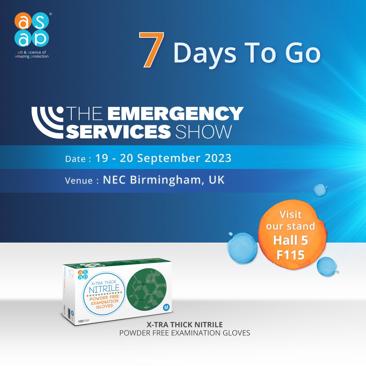 AsapInnovations's tweet photo. Only 7 Days Until The Emergency Services Show! 😆 
Among our array of premium products at Stand F115 Hall 5, you'll find our X-Thick Nitrile Examination Gloves. These gloves offer robust protection, with resilience against tears and punctures.
.
.
.
#EmergencyServicesShow #PPE https://t.co/ZB22GJ5133