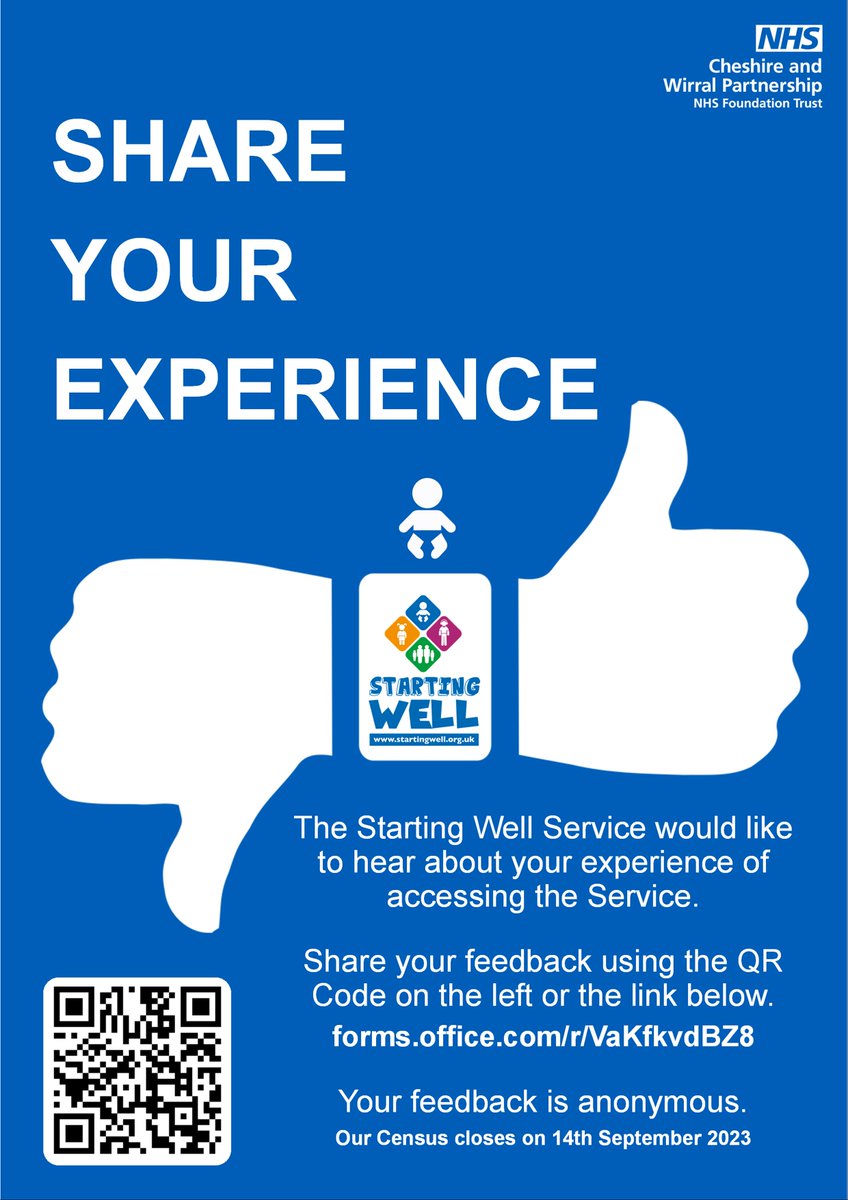 The Starting Well Service would like to hear about your experience of accessing the Service as a parent/carer.
Your feedback is anonymous and will be used to review and develop the Services on offer.
forms.office.com/r/VaKfkvdBZ8
Our Census closes on 14th September 2023
