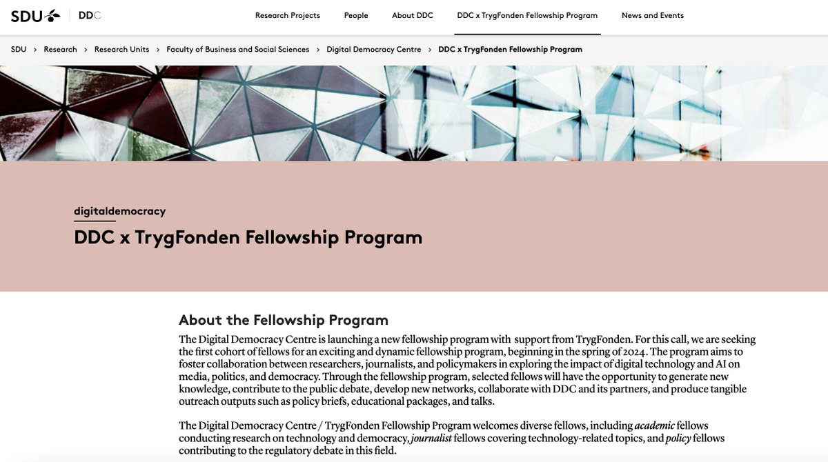 📣 Are you a researcher, journalist, or policymaker? Are you working on digital technology and AI on media, politics, and democracy? Consider applying for the Digital Democracy @DDC_SDU Fellowship program (3-12 months). DL: 24 Oct. All info 🔻 sdu.dk/en/forskning/f…