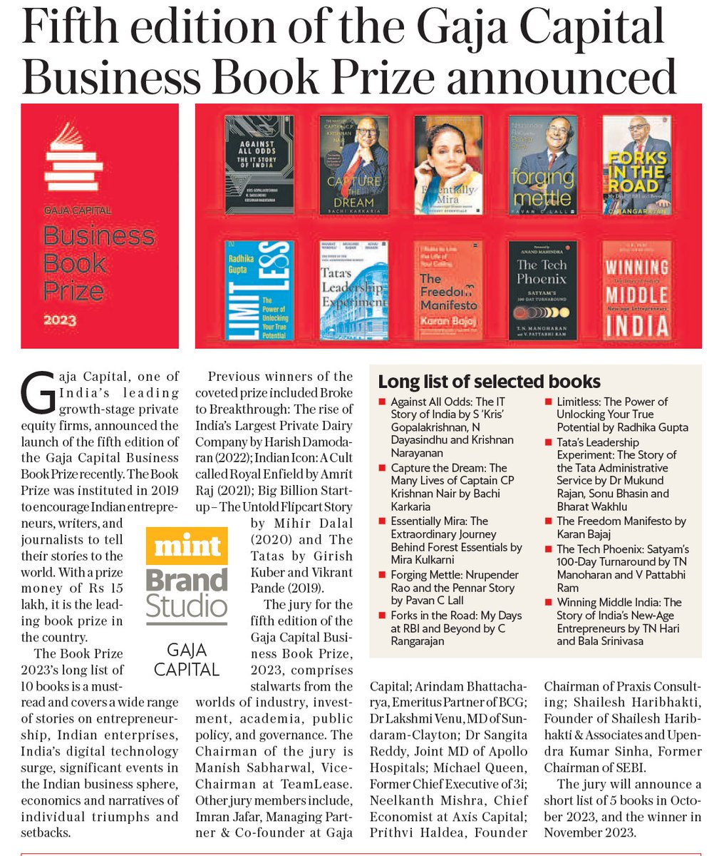 Delighted to unveil our Long-List in collaboration with <a href="/livemint/">Mint</a>. Join us in recognizing the outstanding authors and their impactful business books. The full article is now available on Mint.

#GajaCapitalBookPrize #GajaCapital