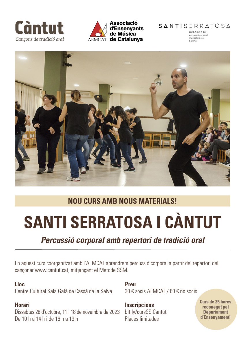 Càntut (@cantutmusica) on Twitter photo Nou curs amb nous materials de <a href="/SantiSerratosa/">Santi Serratosa</a> i Càntut!👉Percussió corporal amb repertori de tradició oral.
🗓28/10, 11/11 i 18/11, de 10 del matí a 2 del migdia, i de 4 a 7 de la tarda
📌<a href="/salagalacassa/">Centre Cultural Sala Galà</a>
🎟️30 € socis <a href="/AEMCAT_cat/">Associació AEMCAT</a> / 60 € no socis
ℹ️ cantut.cat Nou curs amb nous materials de <a href="/SantiSerratosa/">Santi Serratosa</a> i Càntut!👉Percussió corporal amb repertori de tradició oral.
🗓28/10, 11/11 i 18/11, de 10 del matí a 2 del migdia, i de 4 a 7 de la tarda
📌<a href="/salagalacassa/">Centre Cultural Sala Galà</a>
🎟️30 € socis <a href="/AEMCAT_cat/">Associació AEMCAT</a> / 60 € no socis
ℹ️ cantut.cat