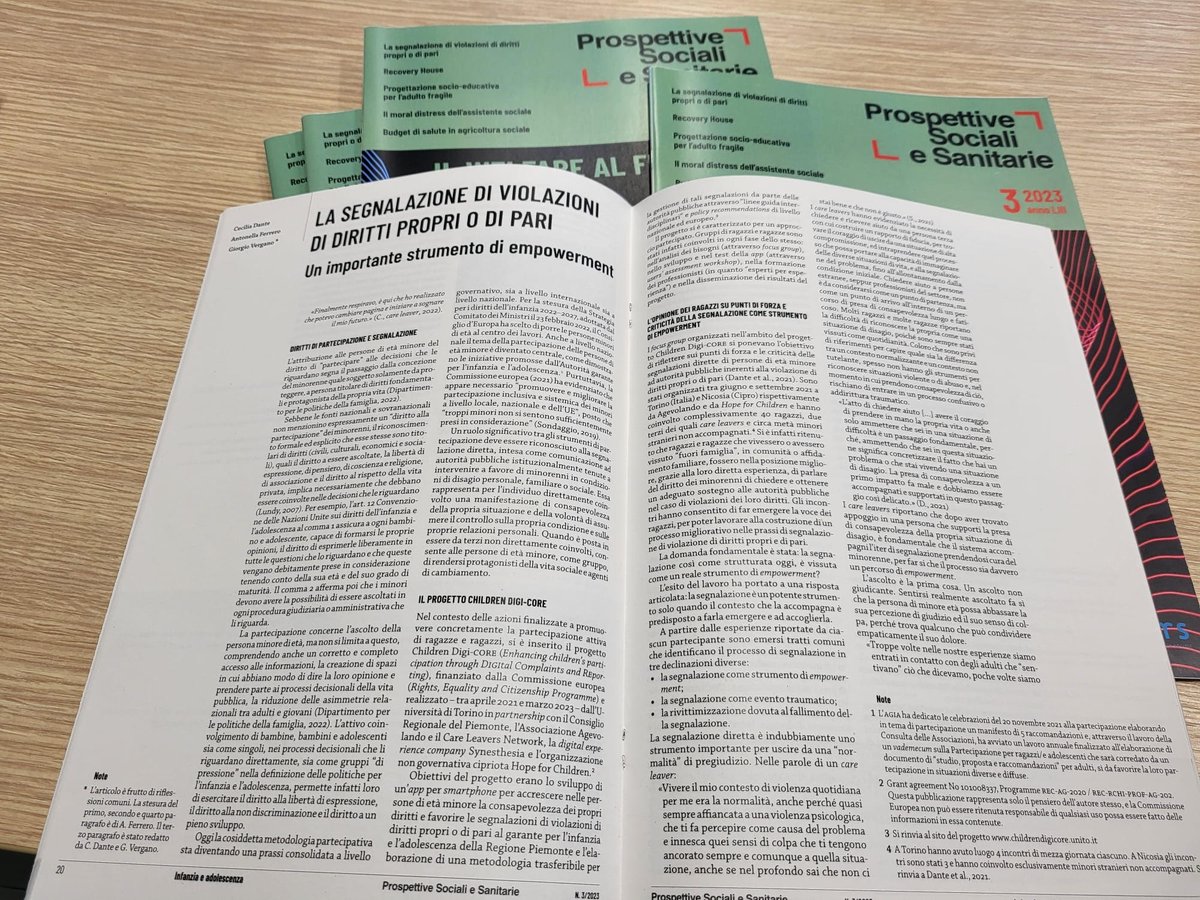 DigiCoreProject's tweet image. &quot;La segnalazione di violazione di diritto propri o di pari. Un importante strumento di empowerment&quot;
#nuovo #articolo sulla rivista &apos;Prospettive sociali e sanitarie&apos;
#childrendigicore
@Agevolando1