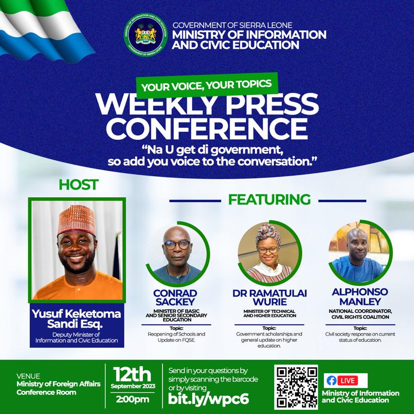 MoiceComm's tweet photo. Today, Tuesday 12th Sept. 2023, we go LIVE with the 2 Ministers of education &amp; the National Coord., Civil Rights Coalition. Our focus this week is education. Join the conversation @ 2pm local time . https://t.co/dttptI4HUM #MoICE #SierraLeone 
@SLAJ_Salone  
@dsengeh
@Cee_Bah https://t.co/ivNZzdqDmi