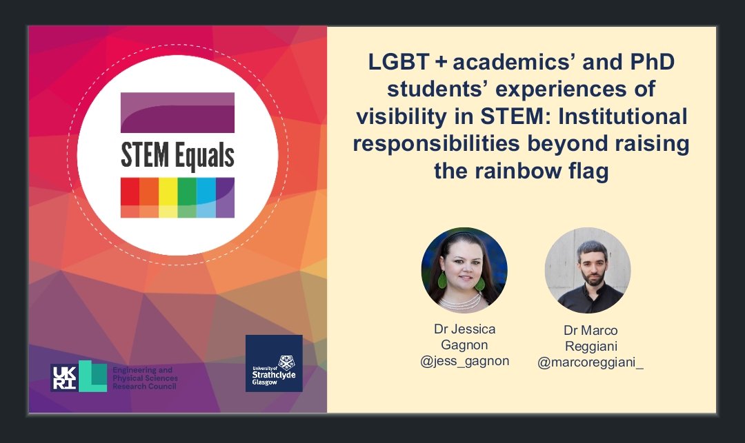 #BERA23 join <a href="/marcoreggiani_/">Marco Reggiani</a>
&amp; me Wed 9am room 417

#LGBT+ academics' &amp; PhD students' experiences of visibility in #STEM: Institutional responsibilities beyond raising the rainbow flag

<a href="/STEMEquals/">STEM Equals Project 🔬🧬🔭🚀👷🏽‍♀️🏳️‍🌈</a> <a href="/BERANews/">BERA</a> <a href="/EducationUoM/">Manchester Institute of Education (MIE)</a> #PrideInSTEM #OutInSTEM #LGBTQinSTEM #HigherEducation