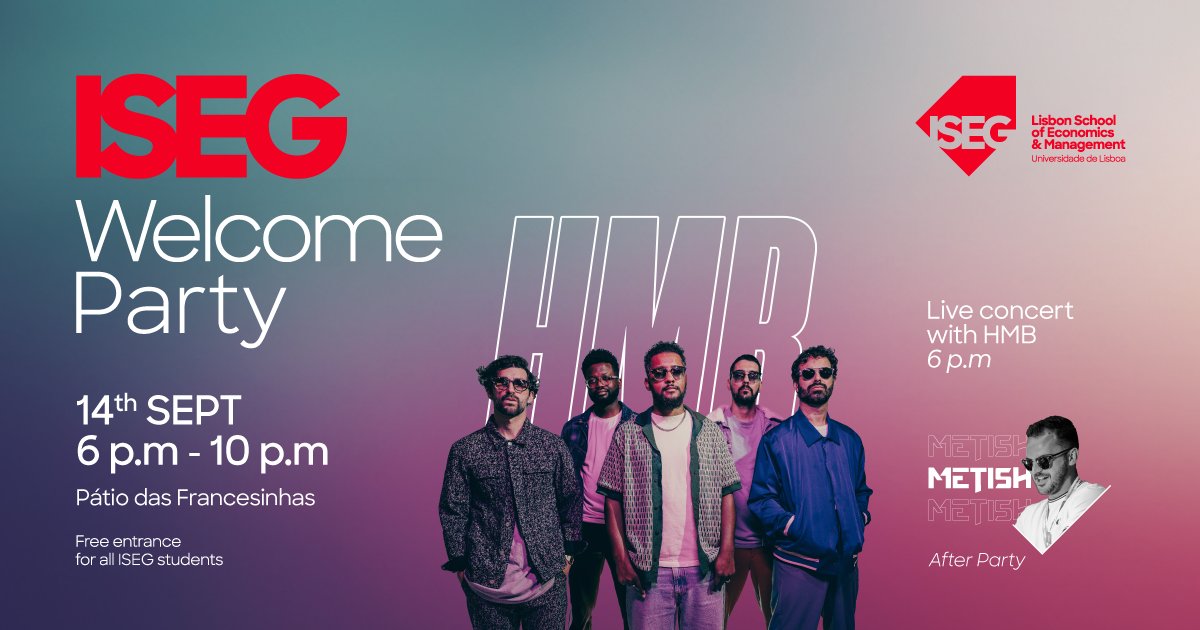 Com a chegada dos novos estudantes ao campus, preprarámos uma Welcome Party para todos os estudantes do ISEG.

O evento irá contar com um concerto com os HMB, seguido de uma after party com o DJ Metish.

No recinto haverá comida e bebida.

iseg.ulisboa.pt/event/iseg-wel…

#lifeatISEG