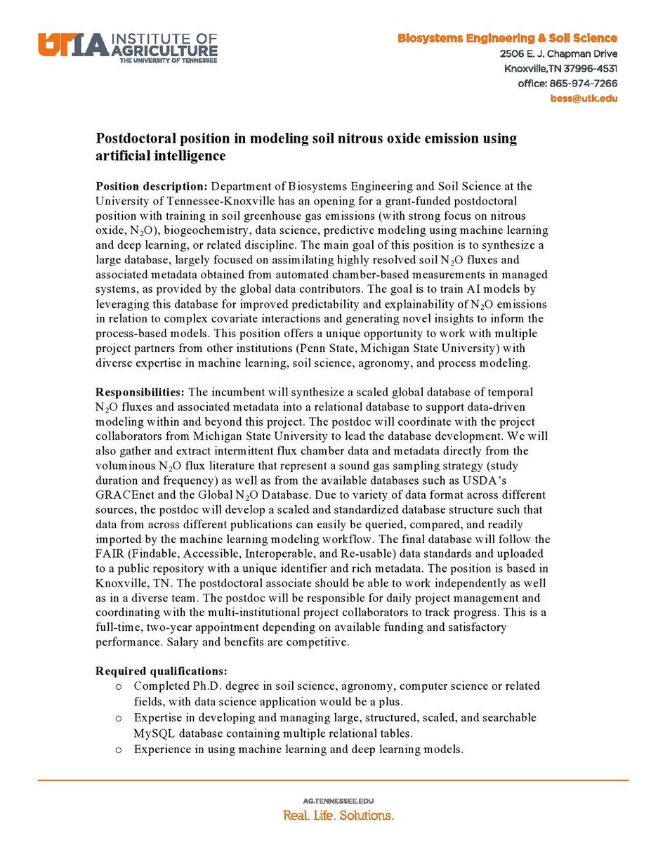 Job Alert📢: Postdoc position in #N2O #modeling using #MachineLearning 
Experience with large relational #database management, #DataScience #R #pythonprogramming needed
<a href="/ASA_CSSA_SSSA/">Agronomy, Crop, and Soil Science Societies</a> <a href="/esa/">European Space Agency</a> <a href="/theAGU/">AGU (American Geophysical Union)</a>