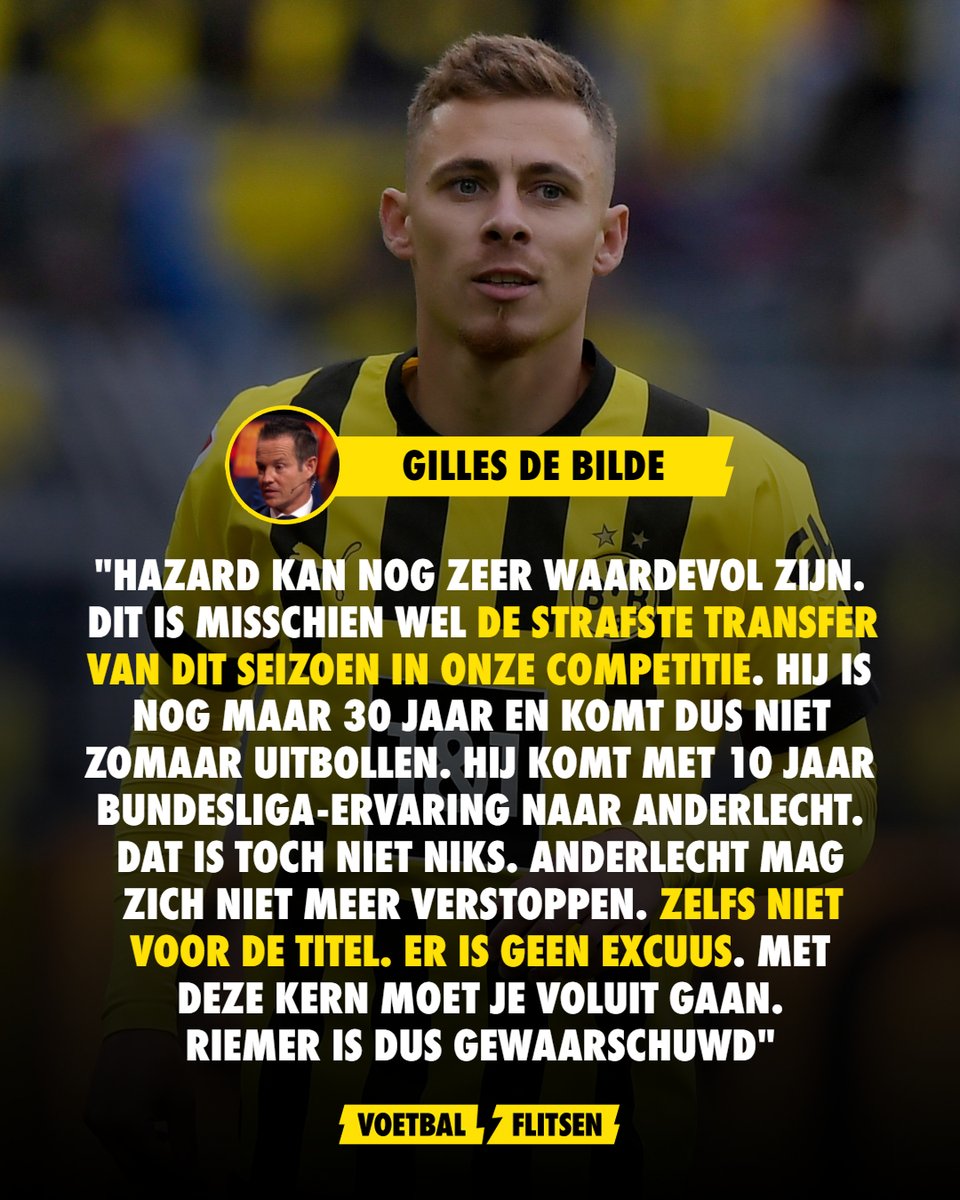 VoetbalflitsenB's tweet photo. De Bilde is lovend over de transfer van Hazard naar Anderlecht. Tegelijk is hij ook duidelijk: dit RSCA moet volop strijden voor de titel! 🏆

#GillesDeBilde #DeBilde #VTM #ThorganHazard #Hazard #Transfer #Dortmund #Bundesliga #JPL #VF #Voetbalflitsen #RSCA #Anderlecht #Quote https://t.co/1l6n3Rpnp4