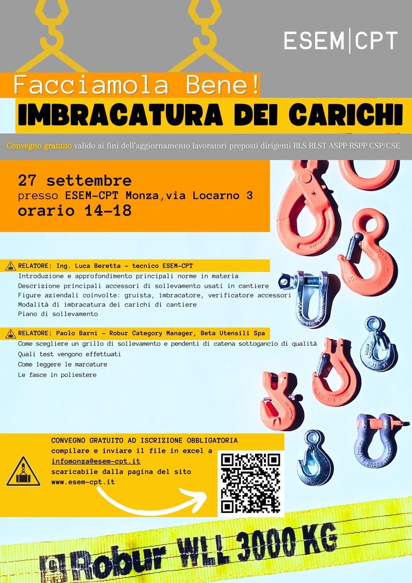 Convegno gratuito valido ai fini dell’aggiornamento lavoratori preposti dirigenti RLS RLST ASPP RSPP CSP/CSE
27 settembre presso ESEM-CPT Monza, via Locarno 3
orario 14-18
Info ISCRIZIONI -> rb.gy/q5pb5
SCARICA COMPILA E INVIA IL FILE IN EXCEL A
infomonza@esem-cpt.it