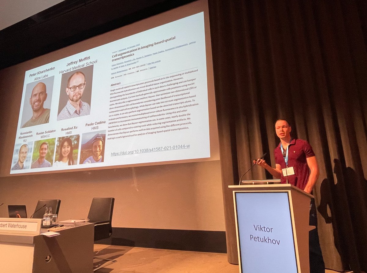 MicrobiomDigest's tweet photo. @PetukhovViktor Viktor Petukhov @PetukhovViktor talks about his winning paper, 'Cell segmentation in imaging-based spatial transcriptomics', published in
@NatureBiotech
It deals with the problem of false individual-cell signals from neighboring cells.  See: https://t.co/jOmhalDMkA
#BC2Basel https://t.co/8HXDoFt2aW