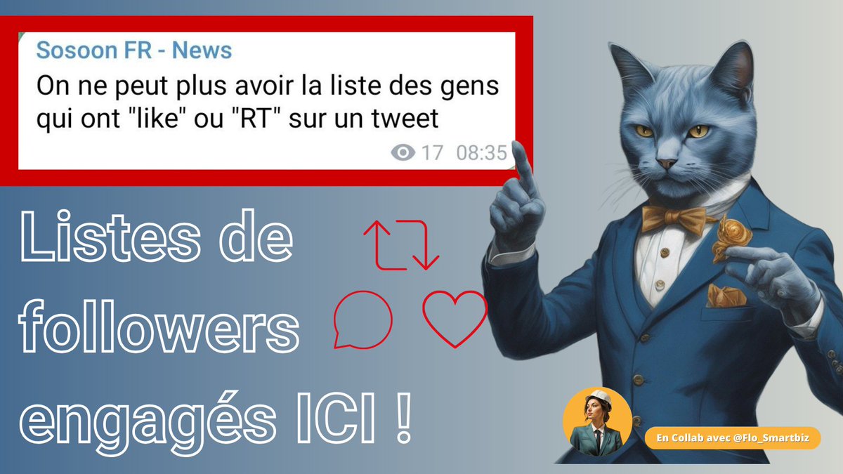 🙀 On ne peut plus voir ceux qui Like et RT sur PC !!!

Impossible de follow des comptes engagés ?

NON ! C'est juste le bon moment de prendre mes listes de 2294 comptes engagés, dans 5 langues -> bit.ly/44vAfM7

<a href="/SosoonOfficial/">Sosoon.io</a>