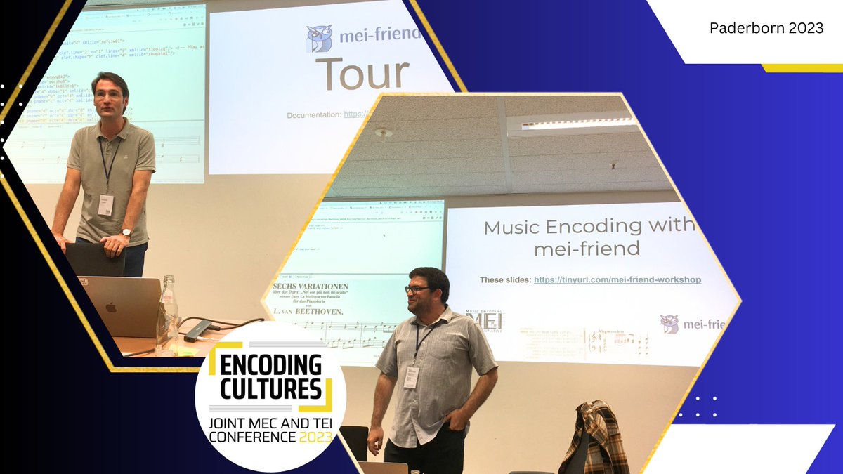 Impressions from the Tutorial „Music Encoding with mei-friend” with Werner Goebl (@goeblw) and David Weigl (@MusiCog) at #EncodingCultures Conference 2023 in Paderborn!
@unipb @teimec2023 @MusicEncoding #TEI #DH