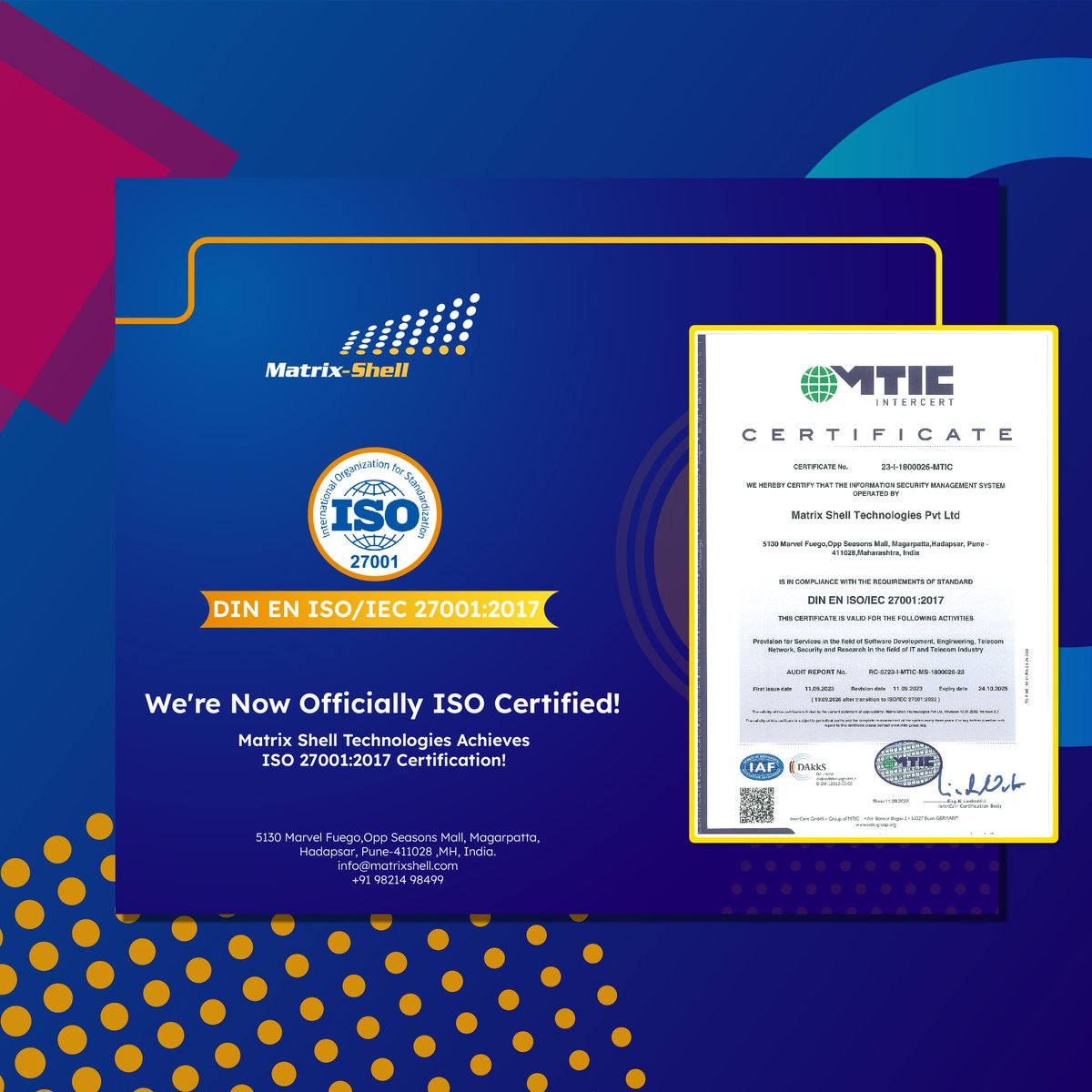 ShellMatrix's tweet image. Another Milestone Achieved!
Matrix Shell Technologies is now officially ISO 27001:2013 Certified. We're thrilled to announce this prestigious certification awarded by the esteemed MTIC.
#ISO27001 #Certification #InformationSecurity #Telecom #NetworkSecurity #5g