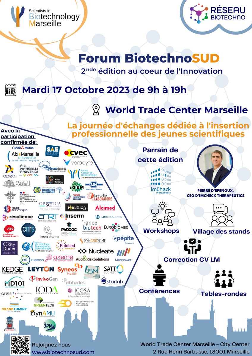 🚨 Les inscriptions pour le Forum BiotechnoSUD sont ouvertes ! 🚨
Que vous soyez en master, en thèse ou jeune chercheur, explorez les métiers de l’#innovation du secteur public et privé et les possibilités de poursuites de carrières en #biotechnologies.
helloasso.com/associations/b…