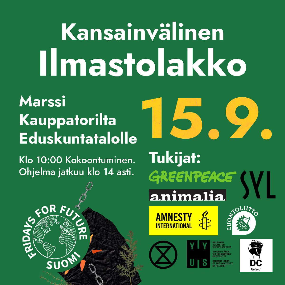 Perjantaina mennään!

Ilmastolakossa mukana <a href="/elokapina/">Elokapina - Extinction Rebellion Finland</a> <a href="/GreenpeaceSuomi/">Greenpeace Suomi</a> <a href="/animaliary/">Animalia</a> <a href="/DebtxClimateFin/">Debt For Climate Finland</a> <a href="/amnestyfinland/">Amnesty Finland</a> @luontoliitto <a href="/ylioppilaskunta/">HYY</a> ja <a href="/SYL_FIN/">SYL</a> 😍💚 Kiitos!
#ilmastolakko #loppufossiilisille