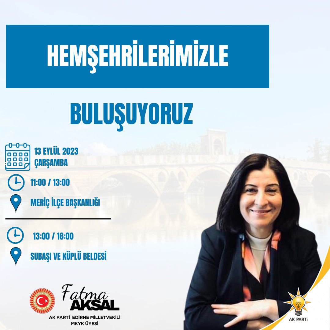 13 Eylül Çarşamba Günü saat  11:00-13:00’da  #Meriç AK Parti İlçe Başkanlığımızda, 

13:00-16:00 saatleri arasında #Subaşı ve #Küplü Beldemizde kıymetli hemşehrilerimiz ile buluşuyoruz. 

Bir bardak çay içmeye bekleriz…