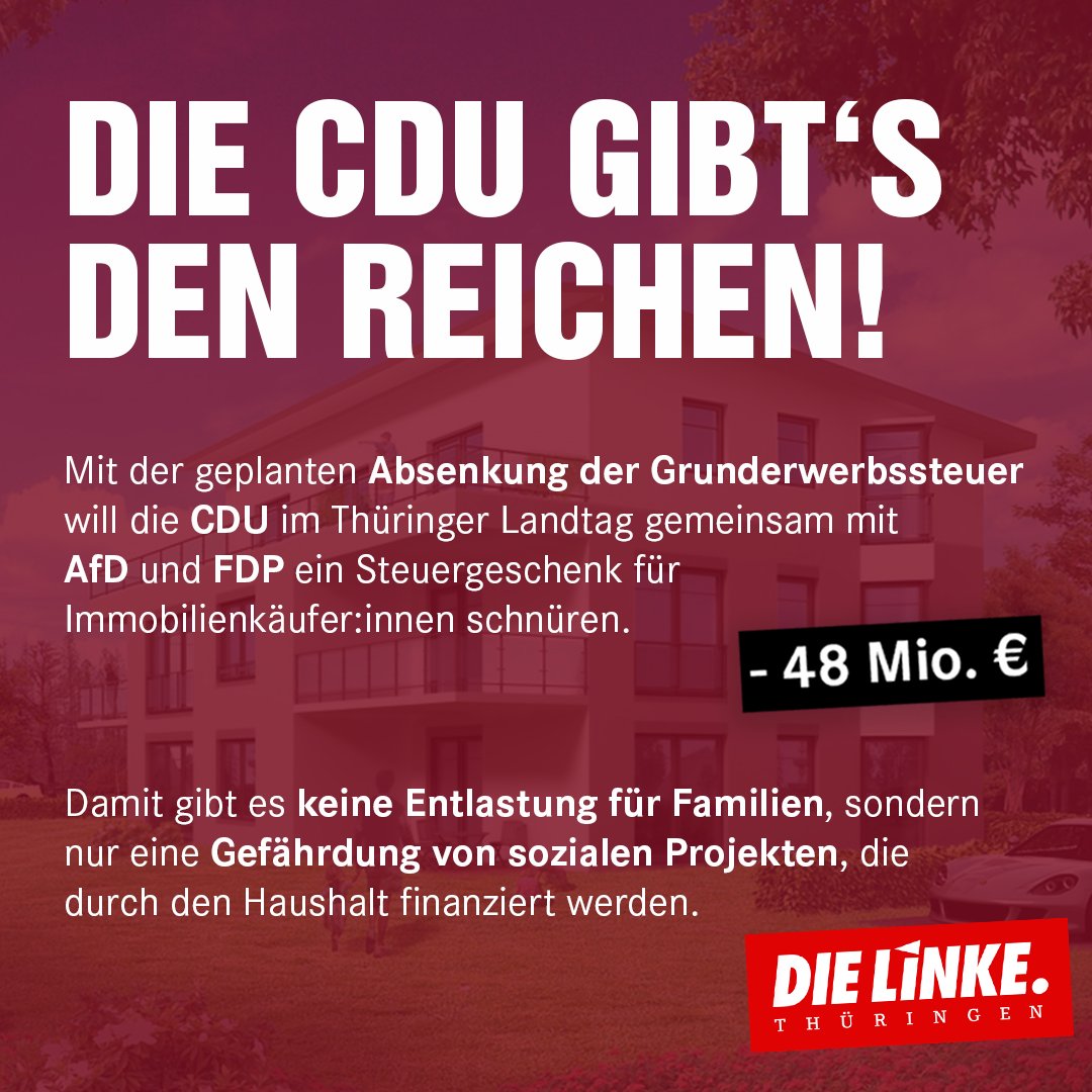"Weil Mario Voigt keine Mehrheiten mit Argumenten findet, lässt er sich erneut von der AfD aushalten. Die Thüringer CDU spielt ein schmutziges Spiel, bei dem es am Ende gerade bei Familien nur Verlierer geben kann." <a href="/GrosseRoethig/">Ulrike Grosse-Röthig</a> 
#diecdugibtsdenreichen