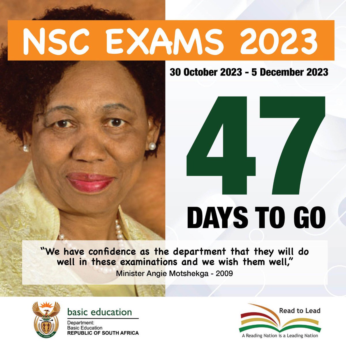 DBE_SA's tweet photo. The National Senior Certificate Exams begin in 47 days. 

#NSCExams 

@dbetvnews @ElijahMhlanga @HubertMweli @ReginahMhaule https://t.co/Pcgn4cRVNW