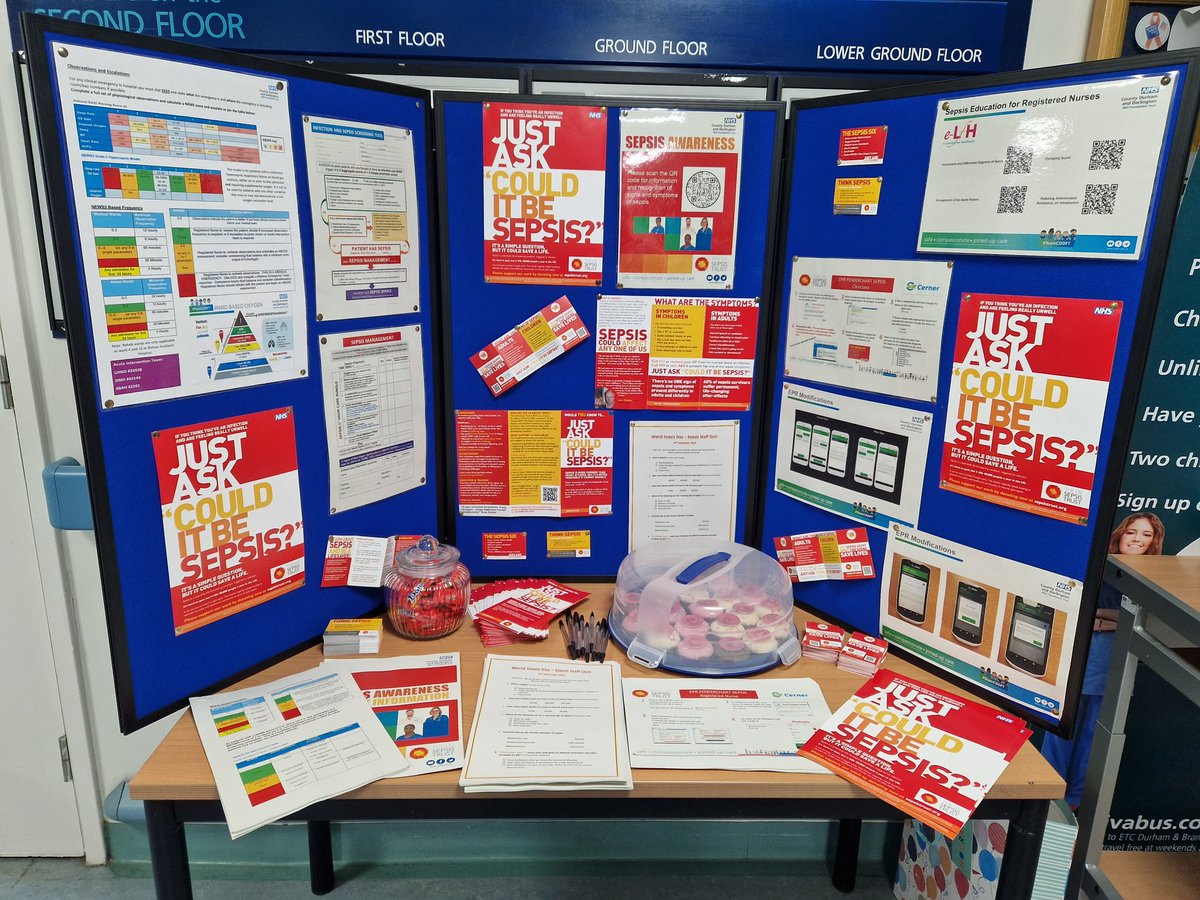 World Sepsis Day stand outside of UHND restaurant today. We have lots of helpful resources, cakes and a quiz. #WorldSepsisDay #CDDFT @AITeam123 @KirstyMcGee3