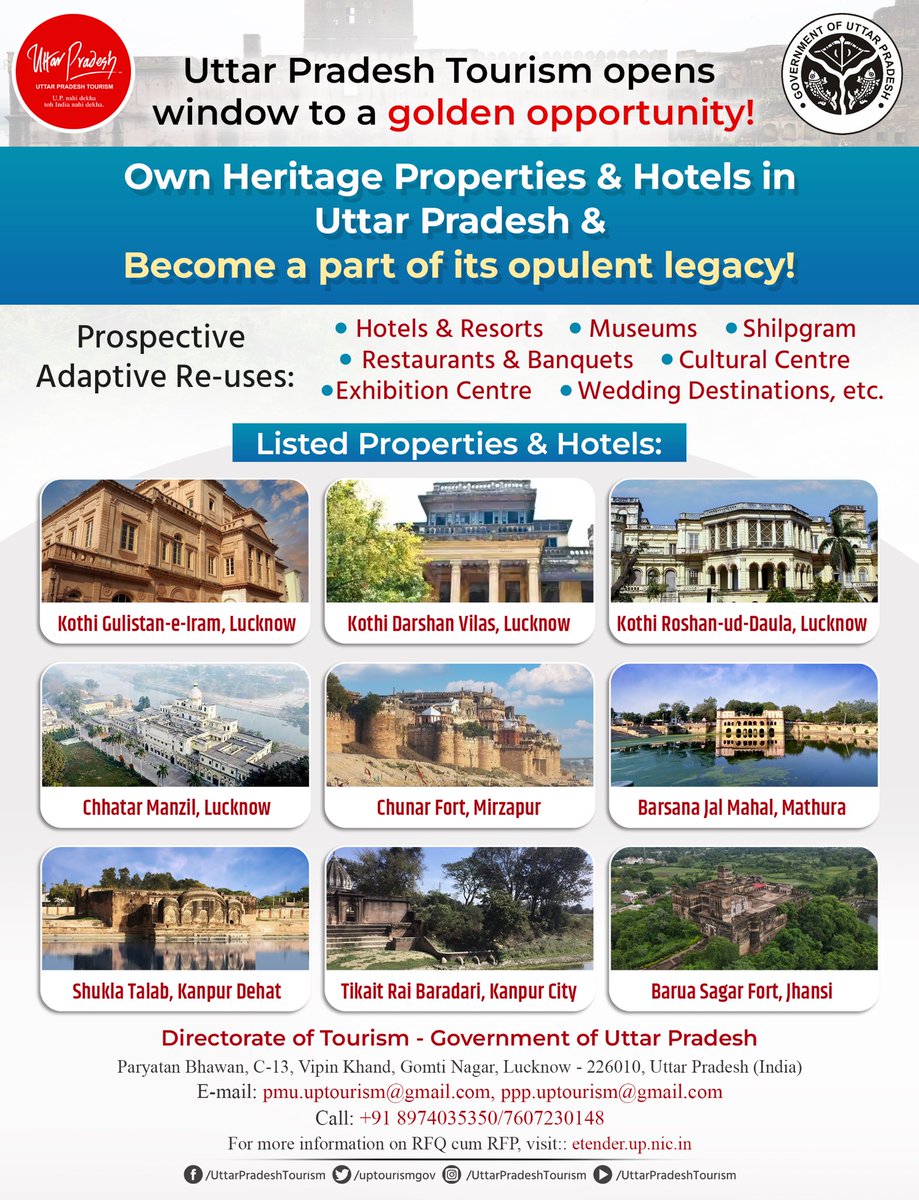 Uttar Pradesh Tourism opens opportunities to own heritage properties and hotels in the state. 
For information on #RFQ cum #RFP, visit: etender.up.nic.in
More details below.

#AdaptiveReUse #Properties #Hotels #Heritage #PPP #UttarPradesh #UPTourism 

@MukeshMeshram