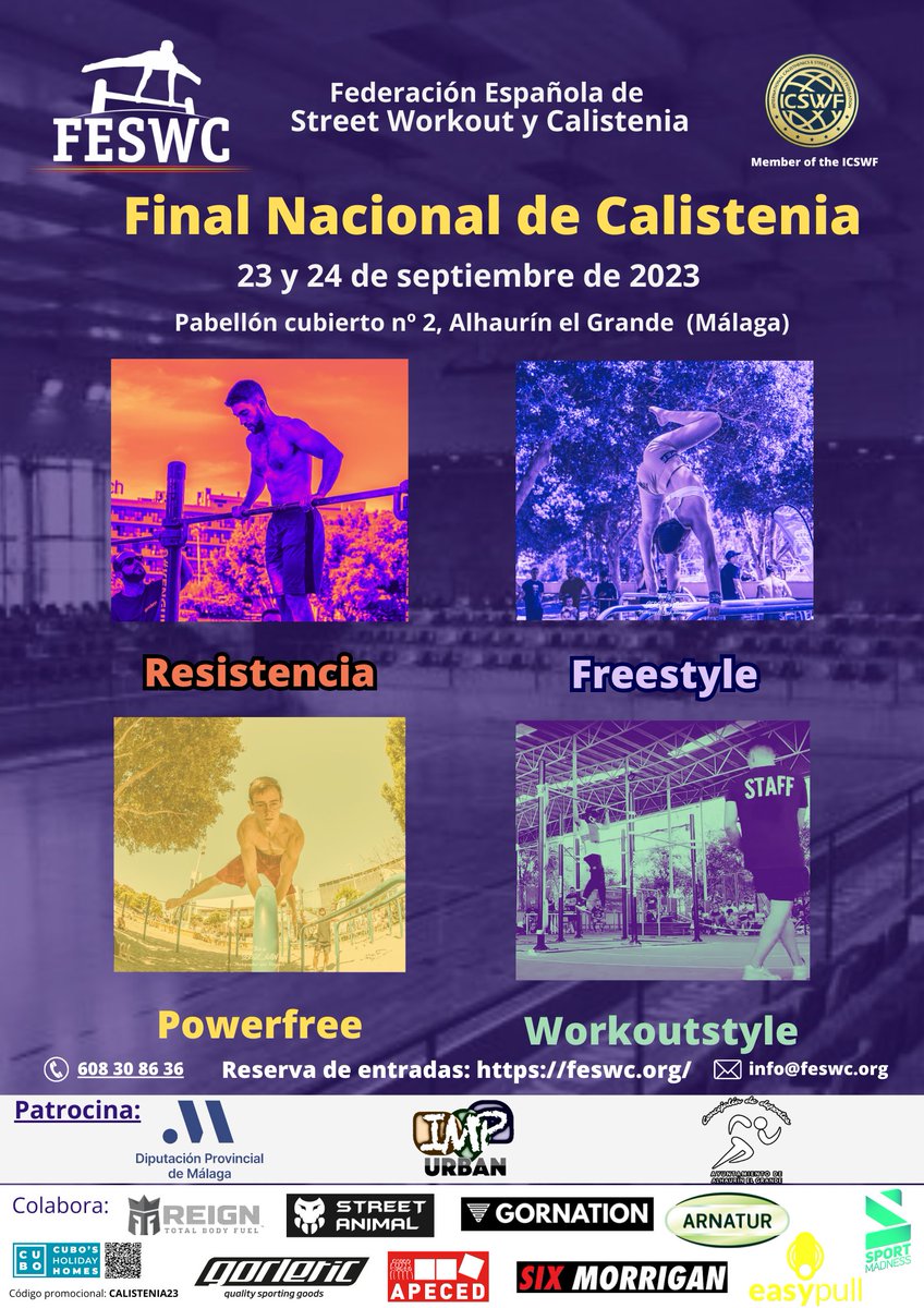 ⭐FINAL CAMPEONATO DE ESPAÑA DE CALISTENIA Y STREET WORKOUT 2023🇪🇦
📌El 23 y 24 de Septiembre en el Polideportivo del Pabellón número 2 de Alhaurín el Grande
Los mejores atletas de España.
#calistenia #feswc2023
#streetworkout #deporte <a href="/diputacionMLG/">Diputación de Málaga</a> <a href="/Ayto_Alhaurin/">Ayuntamiento de Alhaurín el Grande</a>