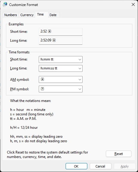 Aldaviva's tweet photo. By customizing the region/culture with intl.cpl, you can make the system clock format AM and PM as 🅰️ and 🅿️ in Windows 11. However, these glyphs render as fallback rectangles in Windows 10 and presumably earlier versions. https://t.co/LPtQxMuD7n