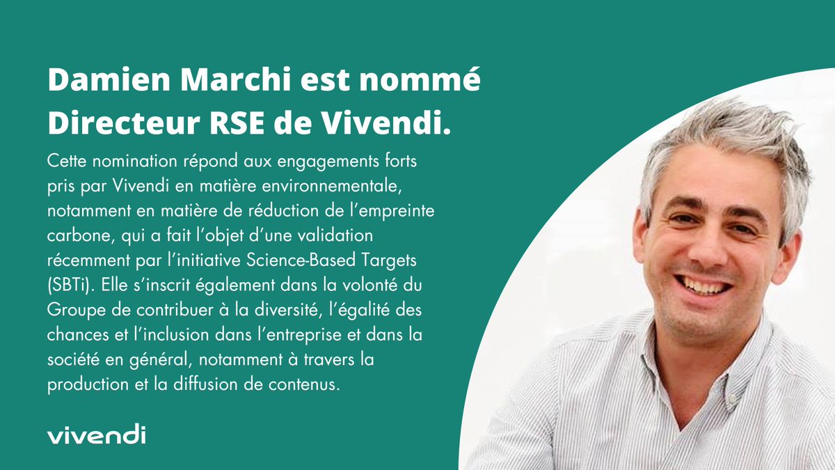 #Nomination @DamienMarchi est nommé Directeur #RSE de Vivendi. Il travaillera en étroite collaboration avec le Directoire et l’ensemble des Directeurs RSE des entités du Groupe. 

vivendi.com/communique/dam…