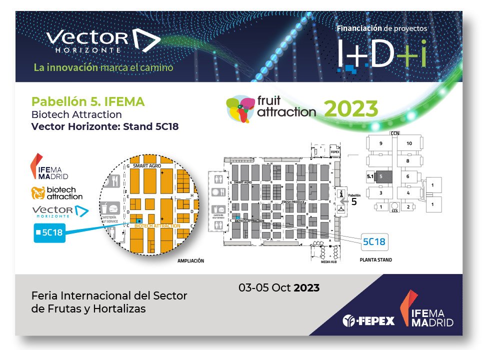 VectorHorizonte's tweet photo. Un año más, Vector Horizonte estará presente en esta edición tan especial de @FruitAttraction , en la que se celebra su 15 aniversario.
Puedes visitarnos en @IFEMA , el 3, 4 y 5 de Octubre en el Stand: 5C18 (Pabellón 5) área Biotech Attraction
https://t.co/rrMmxQkuP5 https://t.co/40zsAex0Dt