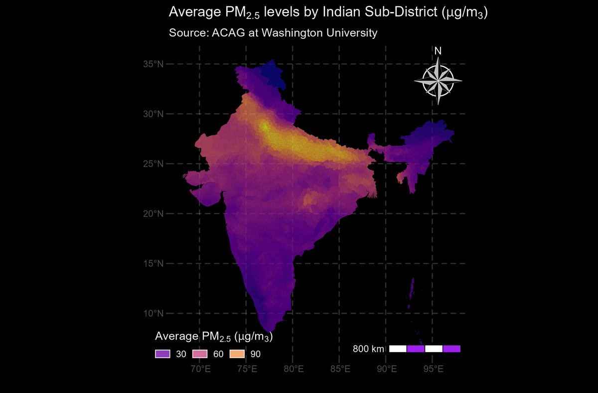 LSarmientoEcon's tweet photo. Air pollution is a major problem in India (just like everywhere else)

Did you know that pollution-related health issues cost the world a staggering 8 billion dollars yearly? That is about three times India's GDP.

Here is a map of average pollution (PM2.5) by indian sub-district https://t.co/4Sqe6ElSeB