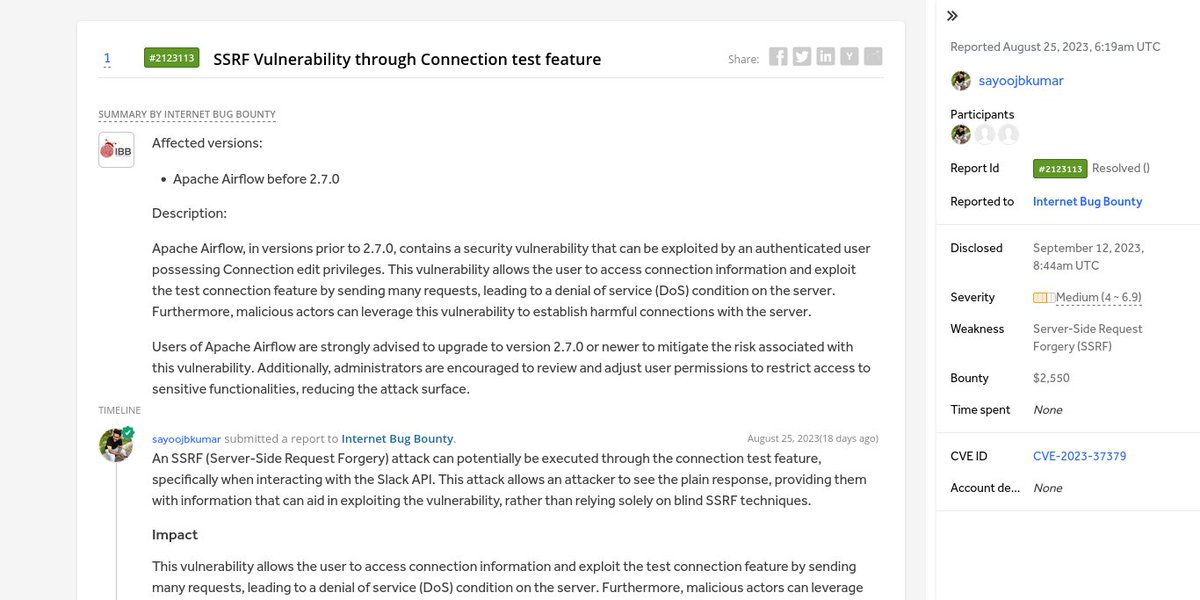 H1 Disclosed - Public Disclosures (@h1disclosed) on Twitter photo ======================
⚡ SSRF Vulnerability through Connection test feature
👨🏻💻 <a href="/_1nt3rc3pt0r_/">Sayooj B Kumar</a> ➟ Internet Bug Bounty
🟧 Medium
💰 $2,550
🔗 hackerone.com/reports/2123113
======================
#bugbounty #bugbountytips #cybersecurity #infosec ======================
⚡ SSRF Vulnerability through Connection test feature
👨🏻💻 <a href="/_1nt3rc3pt0r_/">Sayooj B Kumar</a> ➟ Internet Bug Bounty
🟧 Medium
💰 $2,550
🔗 hackerone.com/reports/2123113
======================
#bugbounty #bugbountytips #cybersecurity #infosec