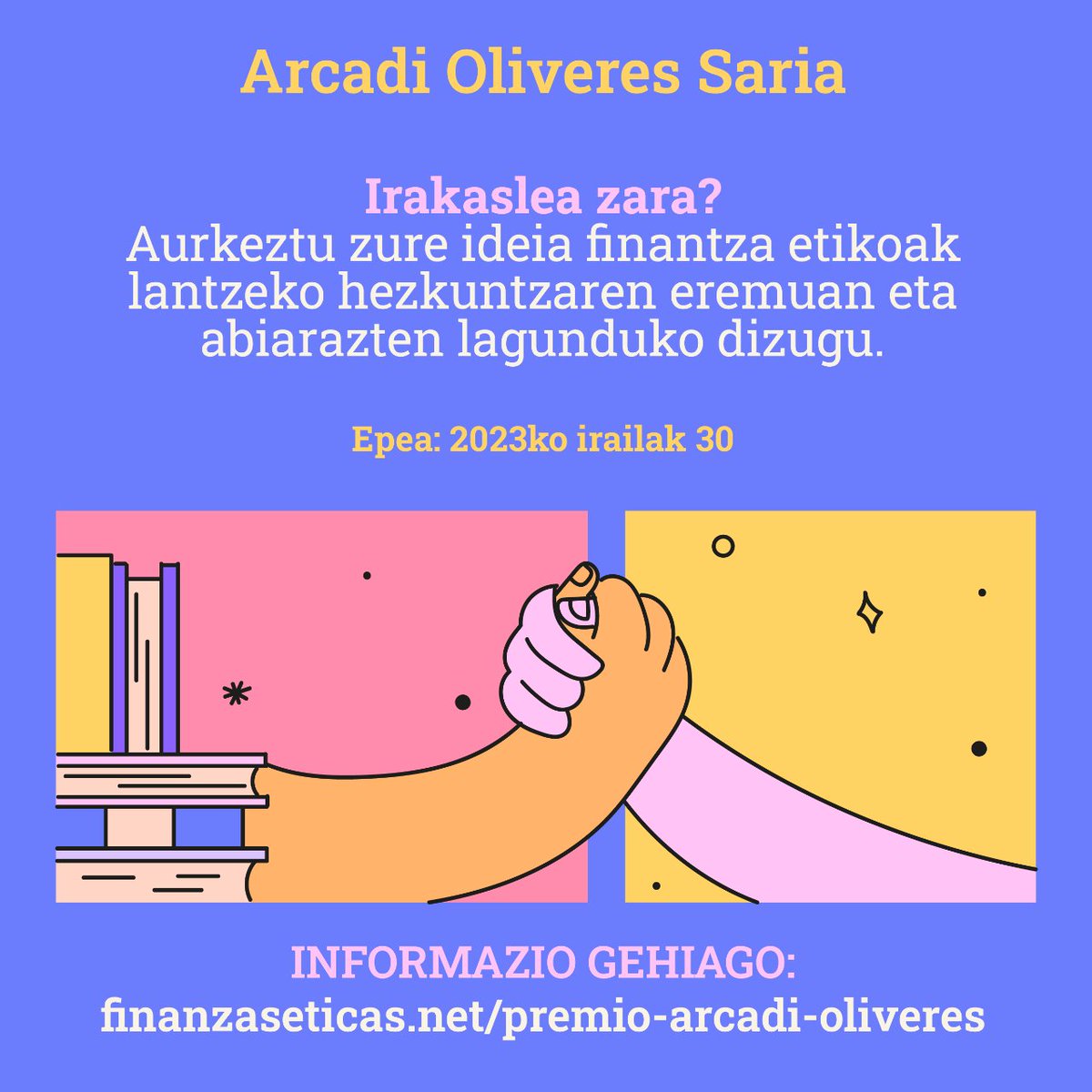 <a href="/RedEfes/">RedEFES</a> @bancaetica <a href="/banca_etica/">FETS Finançament Ètic i Solidari</a> <a href="/ffinanzaseticas/">ffinanzaseticas</a> <a href="/OikocreditEus/">Oikocredit Euskadi (Perfil inactivo)</a> <a href="/OikocreditCat/">Oikocredit Catalunya (Compte inactiu)</a> <a href="/EconomiaJusta/">Economistas sin Fronteras</a> <a href="/FinantzaEtikoak/">Finantza Etikoak Euskadi</a> <a href="/Reas_Red/">Reas_Red</a> 📢 Adi irakasle guztiei!

Ikasgelan finantza etikoak lantzeko ideia bat duzu? Edo jada ekimena martxan jarri duzu eta hori garatzen jarraitu nahi duzu? Aurkeztu ezazu Arcadi Oliveres Sarira.

Abiarazten lagunduko dizugu. Informazio gehiago: finanzaseticas.net/premio-arcadi-…