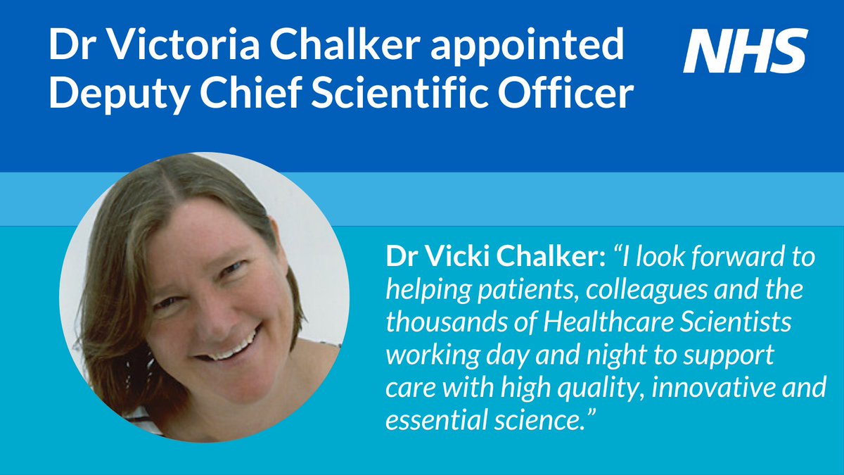 **New appointment** @vickichalker1 has begun her new role as Deputy Chief Scientific Officer for @NHSEngland. Vicki has worked in #HealthcareScience for more than 20 years working with infectious diseases and is an experienced Clinical Scientist