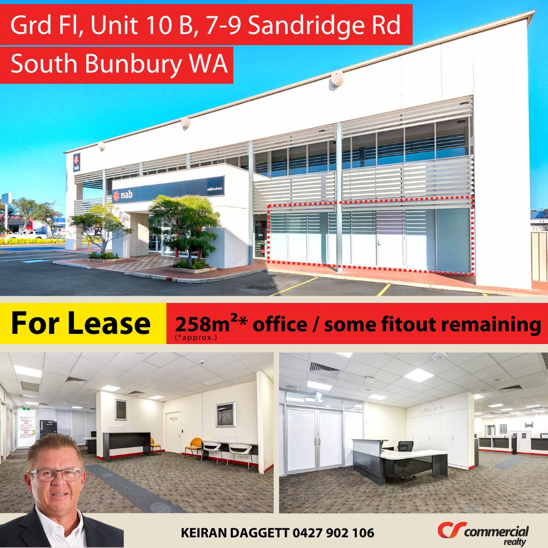 mejenko's tweet photo. For Lease | Ground Floor, 10B, 7-9 Sandridge Road South Bunbury WA | Contact Exclusive Agent Keiran Daggett on 0427 902 106 for more information or an inspection. https://t.co/UF3Dfbw4zd #forlease #commercial #bunbury #comrealty #commercialrealestate #office https://t.co/WZzzRbFXtY