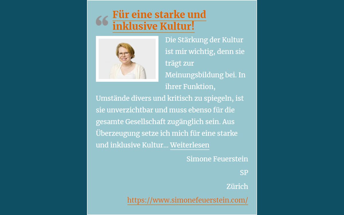Pro_Kultur's tweet photo. Für eine starke und inklusive Kultur!

Simone Feuerstein | SP | Zürich 
https://t.co/ZqLwEpykDk

https://t.co/7yIBW9BefA

Weitere Statements unter https://t.co/6MwIxta9zG  

Facebook: 
https://t.co/6MwIxta9zG 

Instagram: 
https://t.co/M4UwHJOHOR https://t.co/I3UTZaTTXS