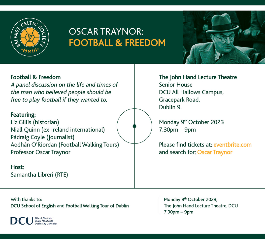 DCU School of English (@dcuschoolofeng) on Twitter photo The inaugural Oscar Traynor: Football & Freedom panel discussion will take place the <a href="/DCU/">Dublin City University</a> All Hallows Campus on Mon October 9th at 7.30pm. This is sure to be an exciting discussion, so do come along! Tickets are free but booking is required via Eventbrite: eventbrite.ie/e/oscar-trayno… The inaugural Oscar Traynor: Football & Freedom panel discussion will take place the <a href="/DCU/">Dublin City University</a> All Hallows Campus on Mon October 9th at 7.30pm. This is sure to be an exciting discussion, so do come along! Tickets are free but booking is required via Eventbrite: eventbrite.ie/e/oscar-trayno…