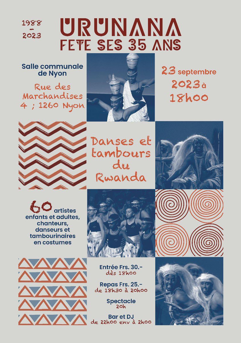 1988-2023: Nous célébrons les 35 ans d’âges de notre association URUNANA.
Lieu: Salle Communale de Nyon.
Heure: 18h00.
Venez nombreux et célébrons ensemble ce grand événement. La culture rwandaise au rendez-vous 👌