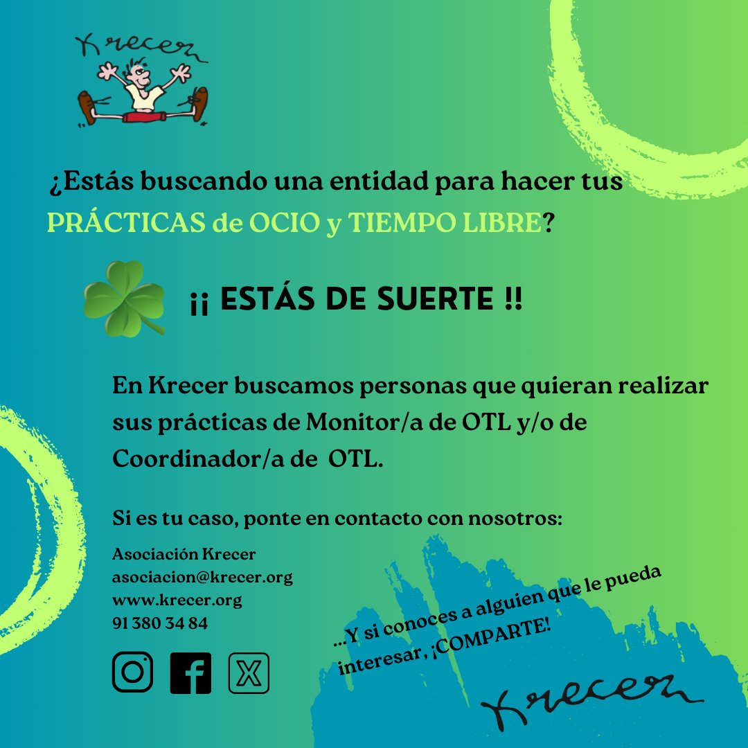 Si estás buscando una entidad en la que realizar tus prácticas de:
- Monitor/a de ocio y tiempo libre
- Coordinador/a de ocio y tiempo libre
En Krecer buscamos personas que quieran realizar sus prácticas de las titulaciones de ocio y tiempo libre
asociacion@krecer.org