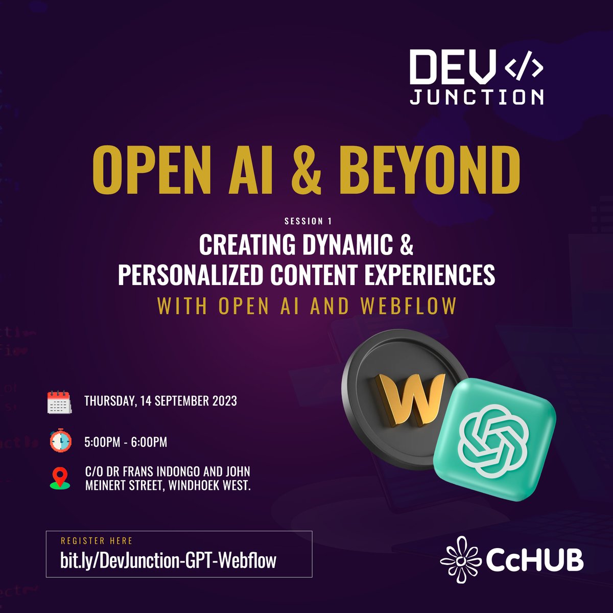 cchub_namibia's tweet photo. 🚀 Join us at the upcoming #DevJunction Series as we delve into the world of "OPEN AI & BEYOND." 🌐
🌟 In Session 1, we're unlocking the secrets of creating Dynamic and personalized Content Experiences with the incredible power of Open AI and the innovative Webflow platform. https://t.co/rOQWHGO82M