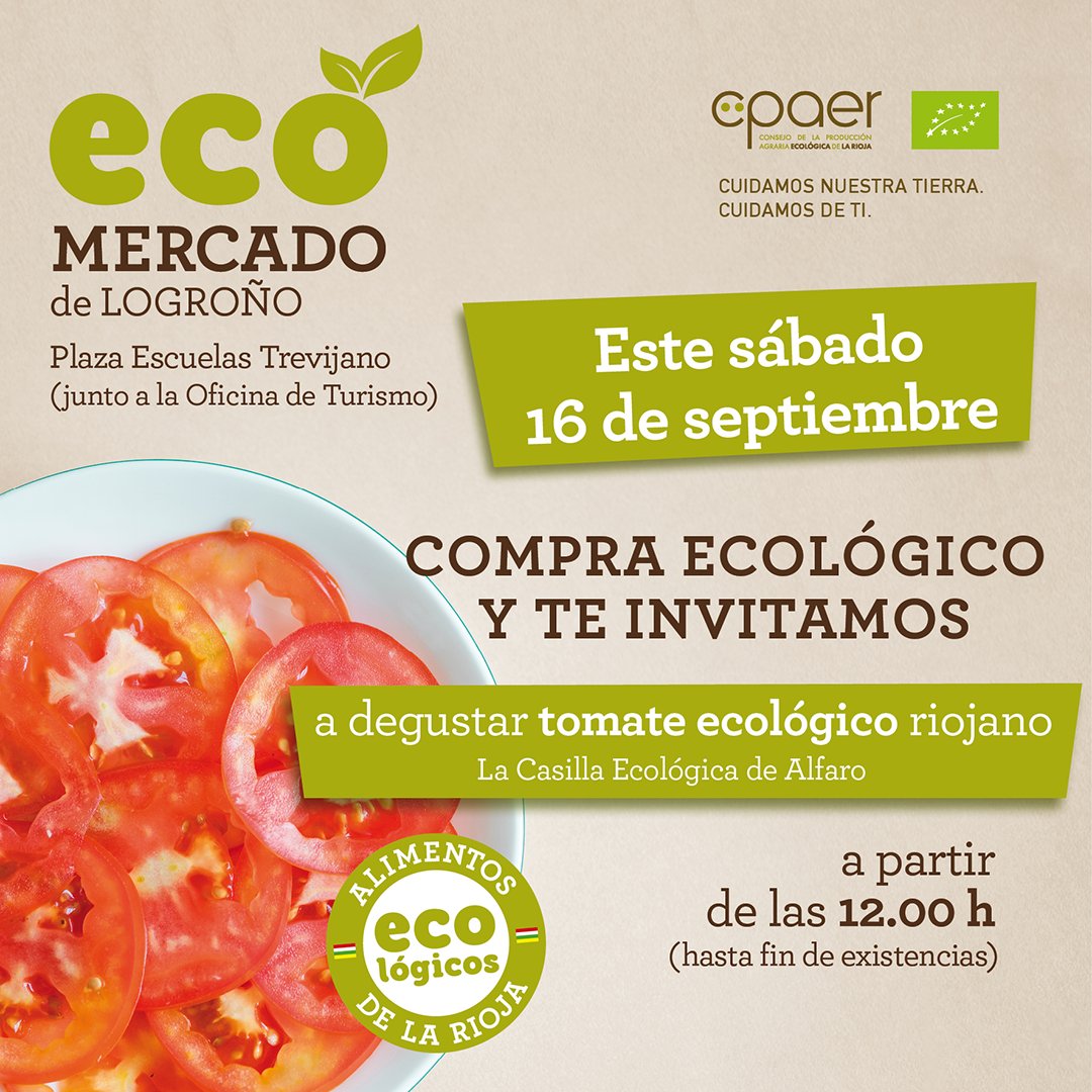 CPAER_eco's tweet photo. Para empezar las fiestas de San Mateo por todo lo alto, este sábado el #CPAER te invita a una degustación gratuita de tomate ecológico🍅💚 A partir de las 12 horas, acércate al #Ecomercado y te invitamos a probar el increíble tomate azul que cultiva La Casilla Ecológica en Alfaro https://t.co/XlqmHtMyG7