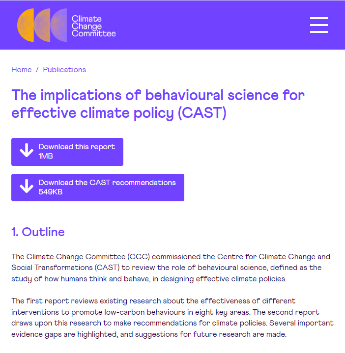 Our @CAST_Centre report for @theCCCuk is out! We reviewed the efficacy of behavioural interventions in promoting low-carbon behaviours 🌍 More government leadership is needed to make green choices accessible, affordable & the default. theccc.org.uk/publication/th… Key findings: a 🧵