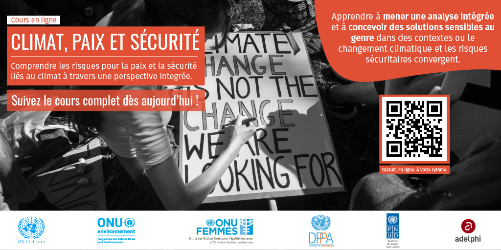 ClimateDiplo's tweet photo. NOW IN FRENCH! 🇫🇷
In this self-paced online course on climate change, #PeaceAndSecurity you will learn how to design integrated programmatic solutions for:
🌳 climate adaptation
🙅‍♀️ conflict prevention
🕊️ sustaining peace
https://t.co/L7bGXagCzL https://t.co/lZzbHyQFWC