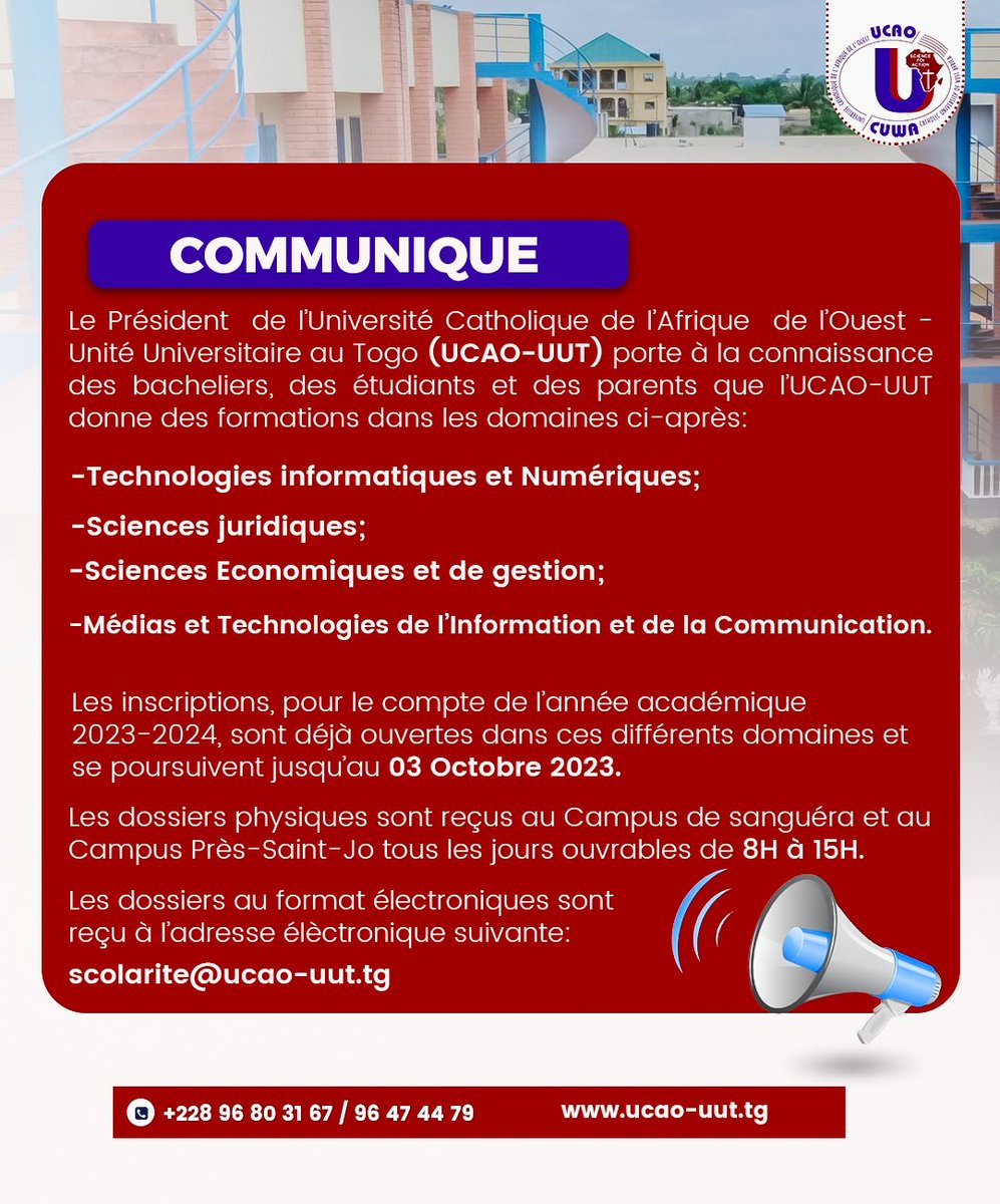 l’UCAO-UUT  donne des formations dans les domaines ci-après:
-Technologies informatiques et Numériques;
-Sciences juridiques;
-Sciences Economiques et de gestion;
-Médias et Technologies de l’Information et de la Communication.